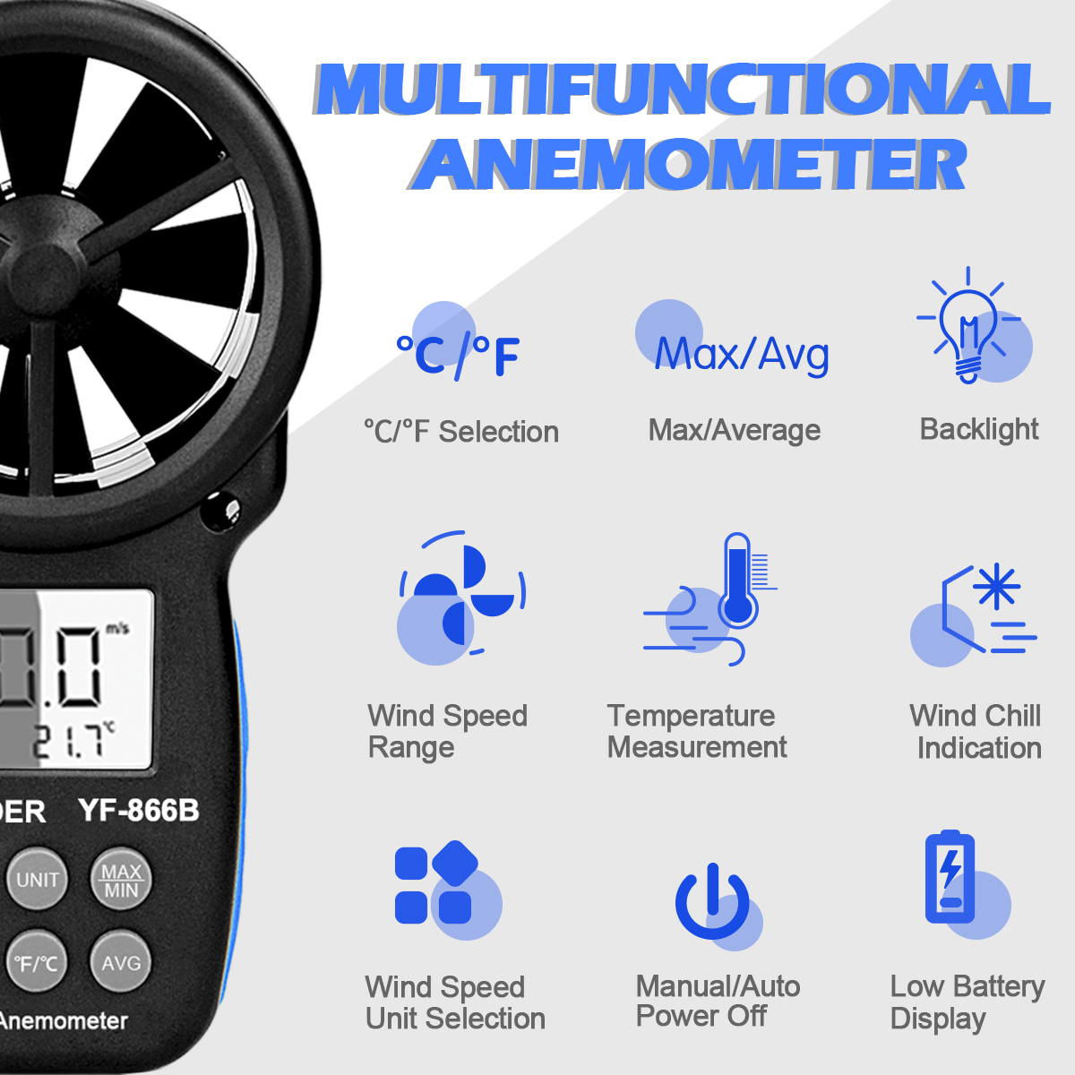 Anemometer Digital Wind Speed - 886B Digitale Anemometer, compacte draagbare windsnelheidsmeter