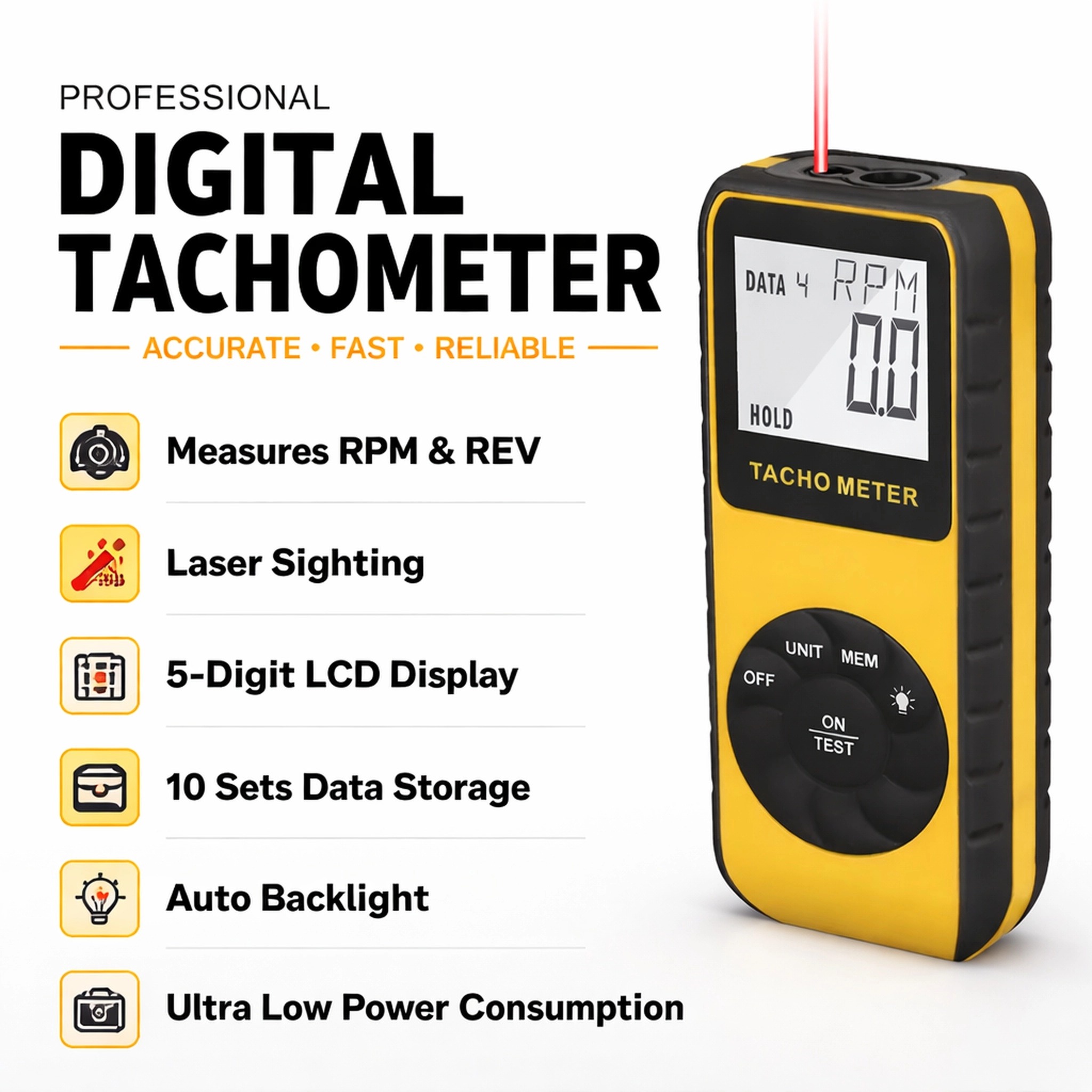 Tachometer Digital Laser Rpm - Contactloze lasertachometer, toerenteller tot 99999, 5-cijferig